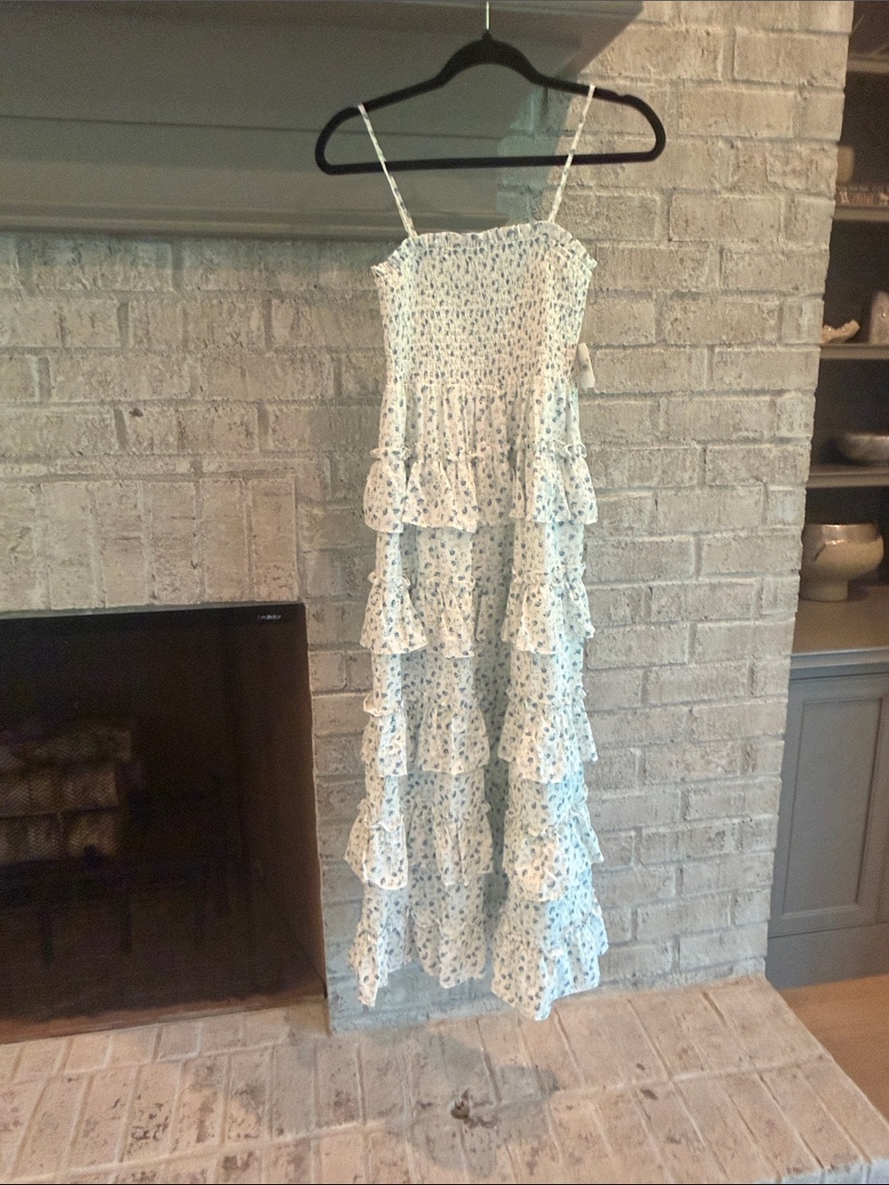 Altar'd State White Dress with Blue Floral Ruffles